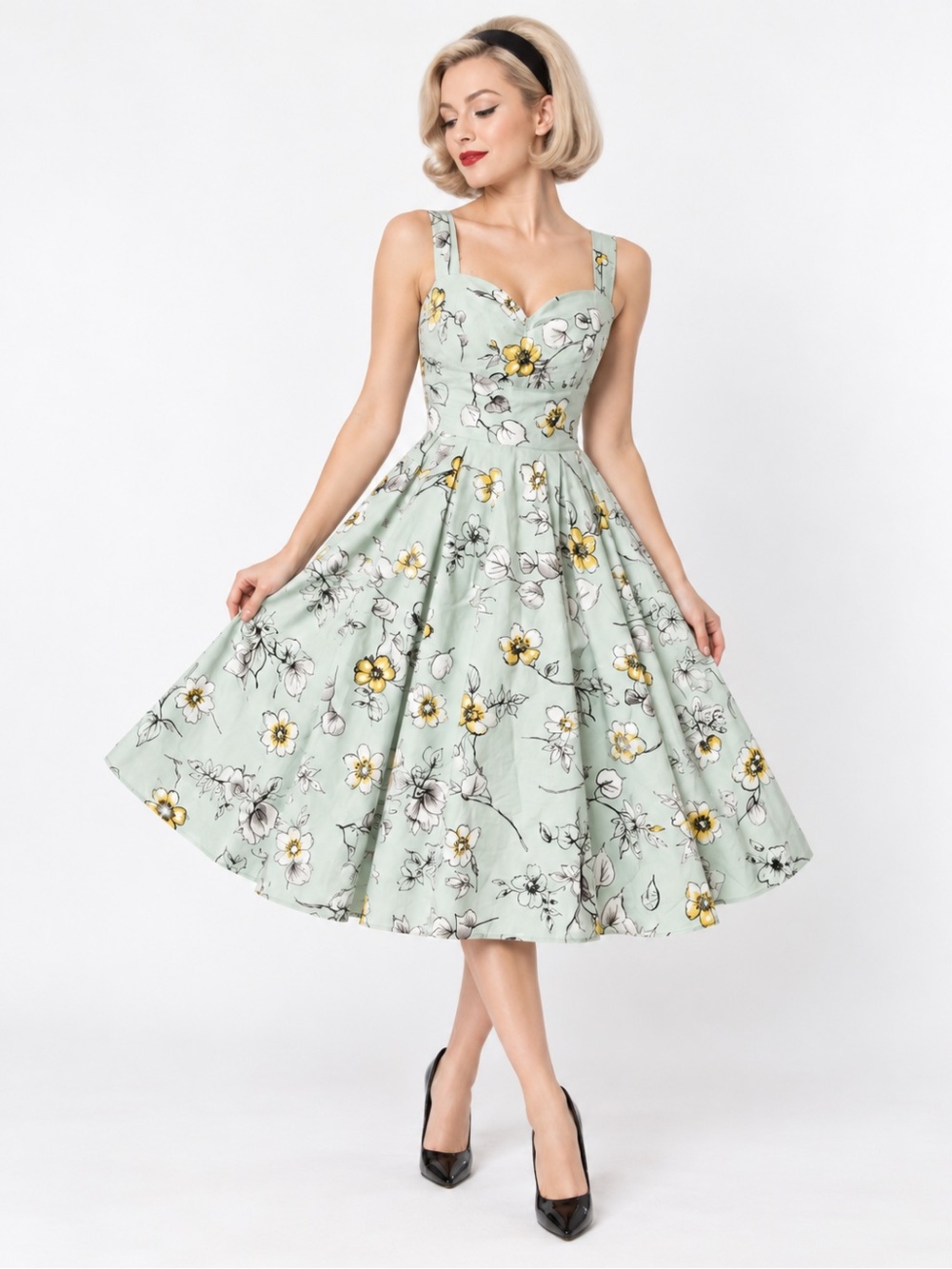 Vintage-Inspired Heart of Haute Mint Floral Fit & Flare Dress
